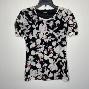 DKNY Top Womens XS Black Floral Short Sleeve Shirt Mesh Stretch